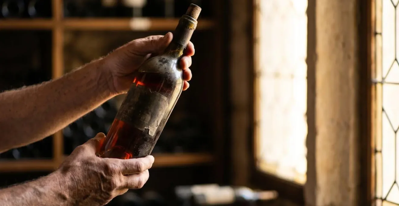 Examen détaillé du niveau de vin dans le goulot d'une bouteille ancienne à la lumière