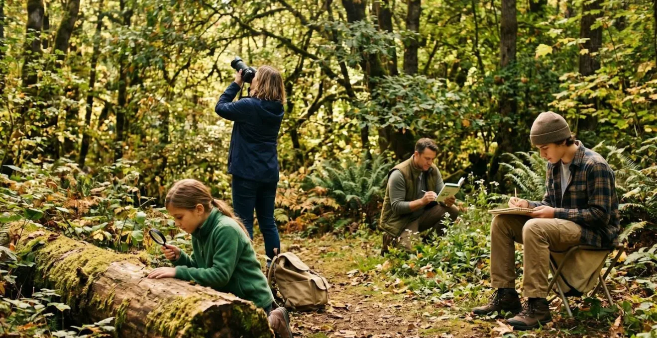 Famille explorant la nature avec carnet d'observation lors d'un BioBlitz