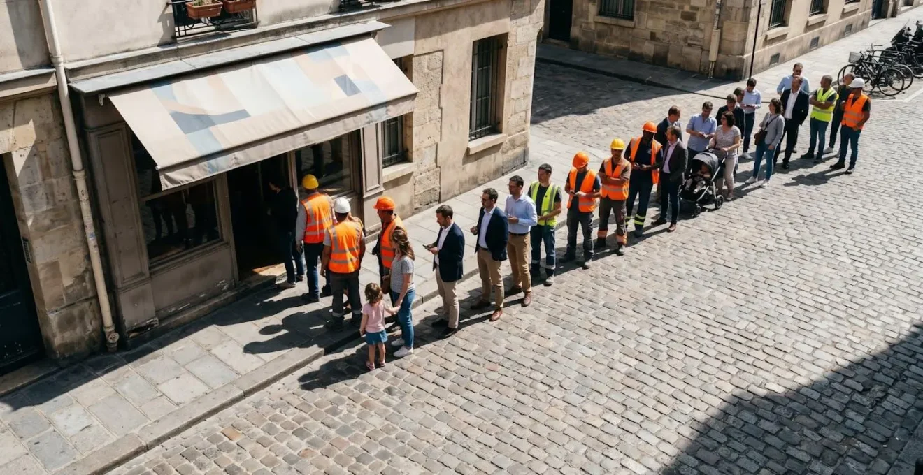 Vue en plongée d'une file d'attente devant un restaurant populaire avec différents profils de clients