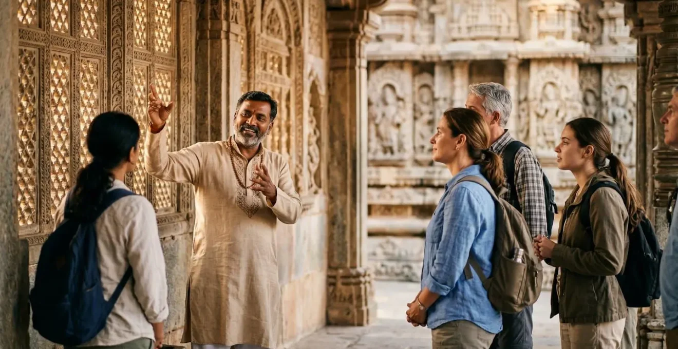 Guide local indien expliquant la culture à un petit groupe de voyageurs dans un temple