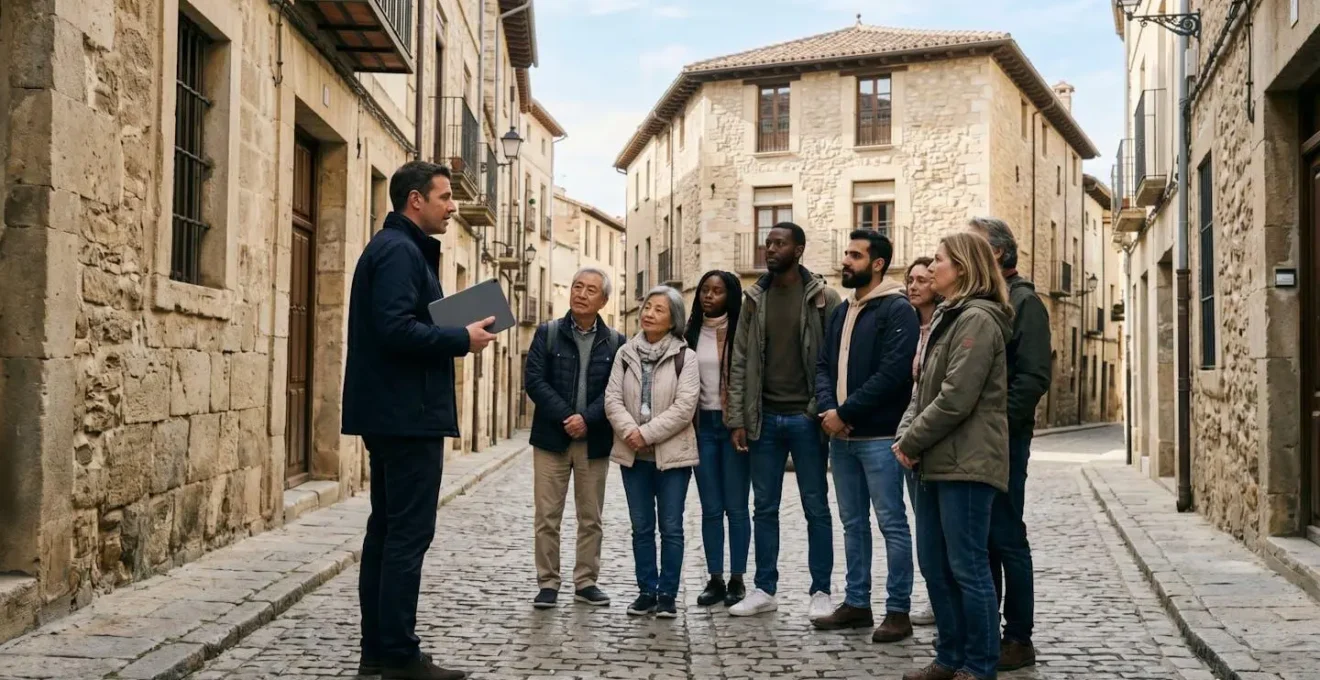 Guide professionnel montrant une tablette numérique à un groupe de touristes dans une rue historique