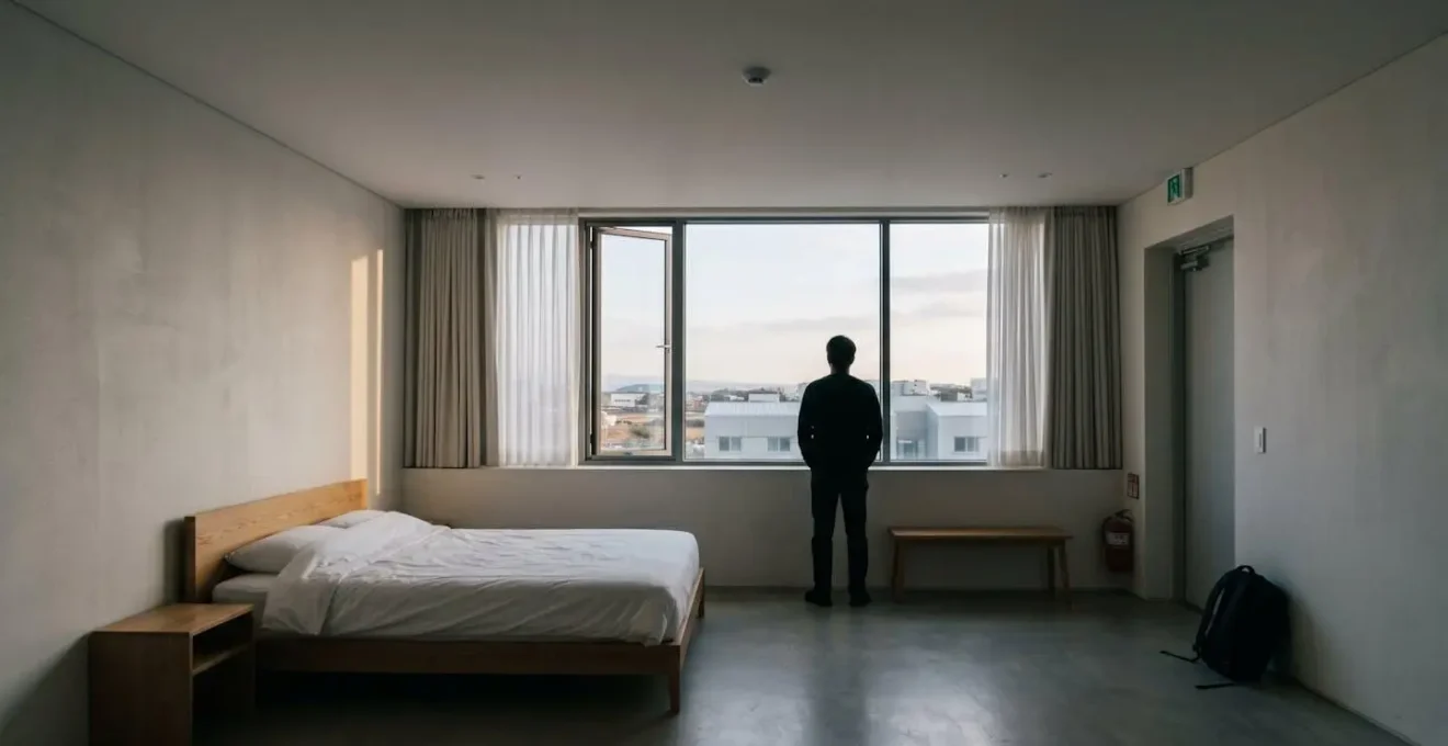 Une voyageuse inspectant discrètement la serrure de sa chambre, appliquant un protocole de sécurité.