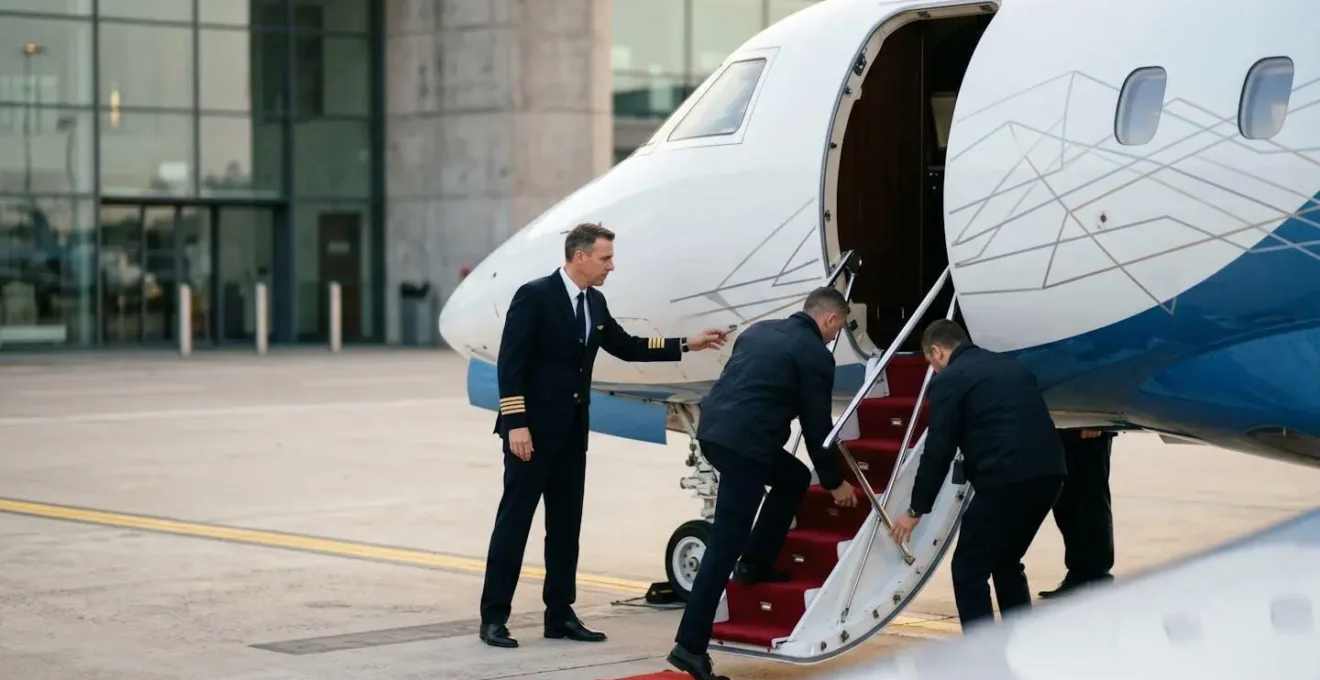 Jet privé au sol avec équipage préparant l'embarquement dans un aéroport exclusif