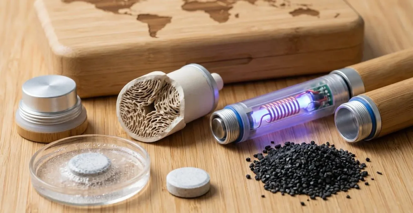 Kit de voyage zéro déchet avec gourde filtrante, pastilles de purification et couverts réutilisables disposés sur une carte du monde