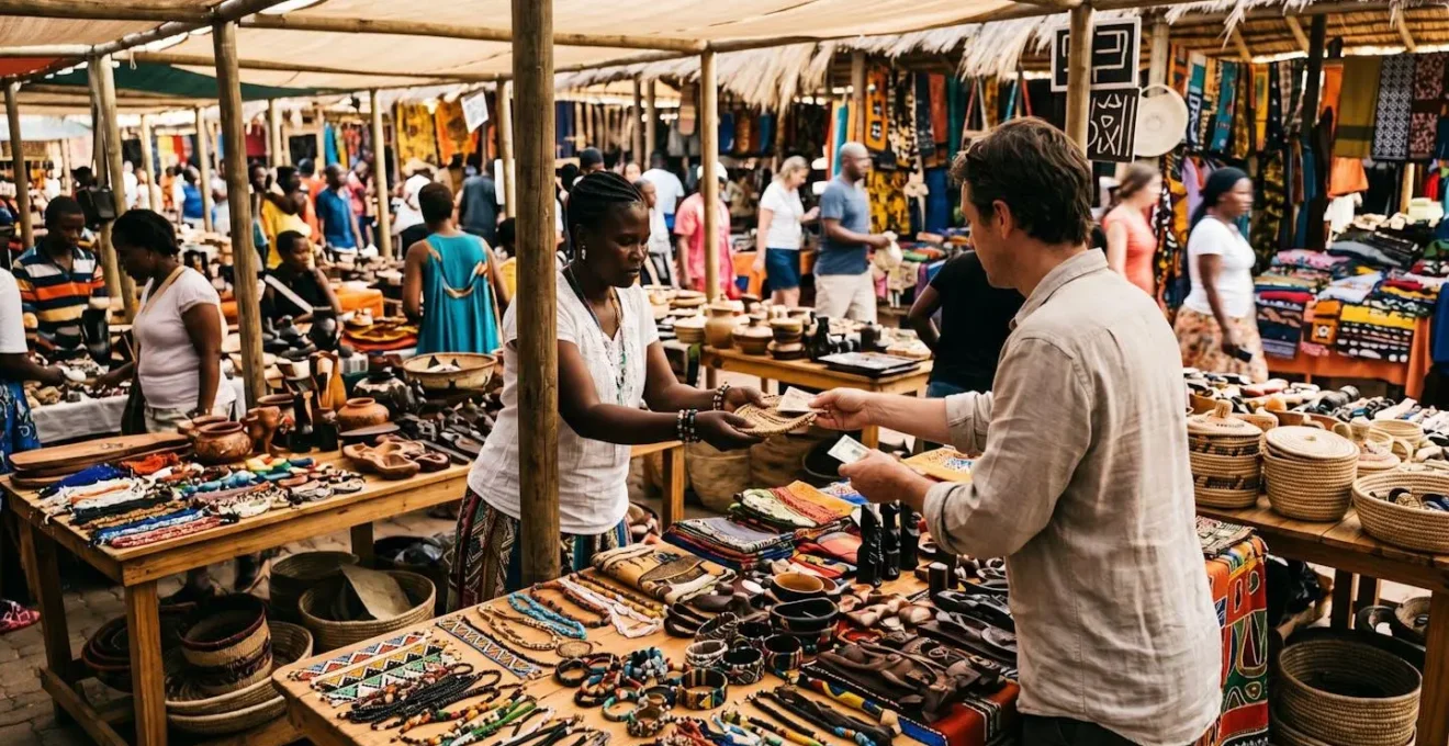Marché artisanal sud-africain avec artistes locaux et leurs créations