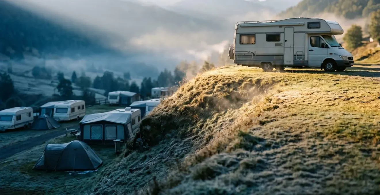 Mobil-home baigné par la lumière dorée du soleil matinal sur un emplacement surélevé