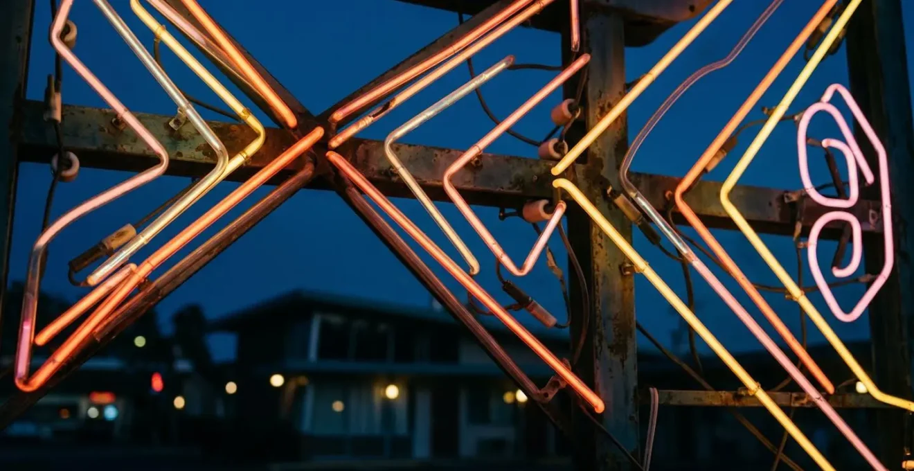 Façade d'un motel vintage restauré avec enseigne au néon illuminée au crépuscule sur la Route 66