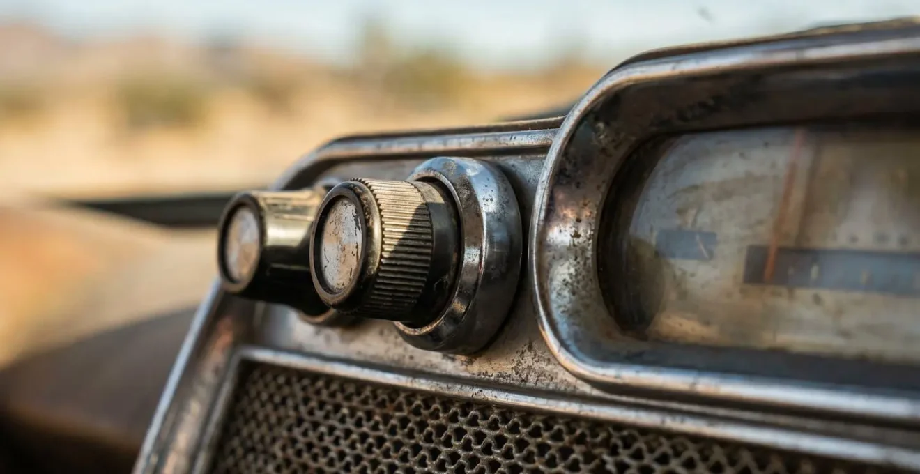 Autoradio vintage avec paysage désertique flou en arrière-plan vu depuis l'intérieur du véhicule