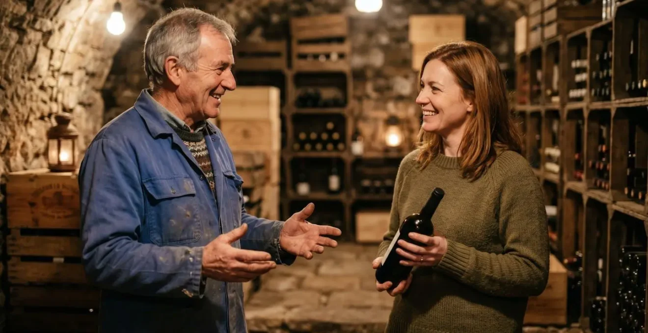 Échange cordial entre visiteur et vigneron dans une cave avec cartons de vin