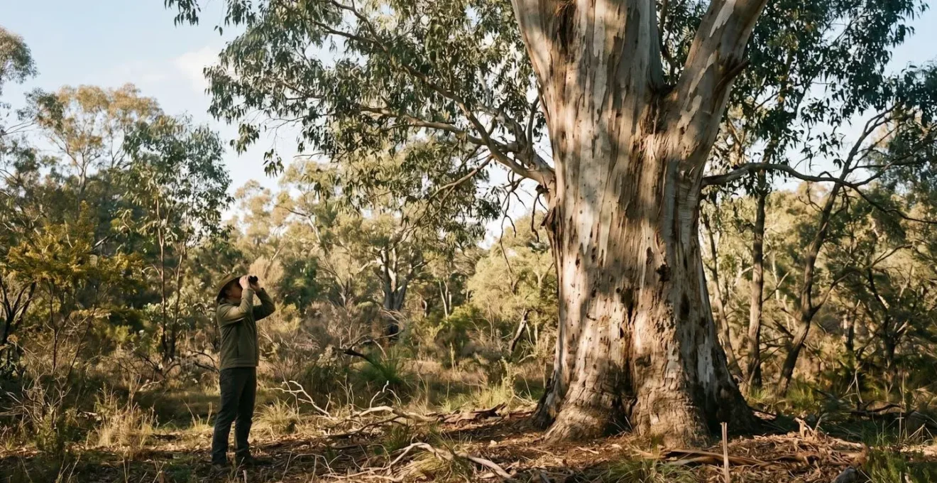 Un observateur utilisant des jumelles regarde silencieusement un koala dans un eucalyptus, à une distance respectueuse.