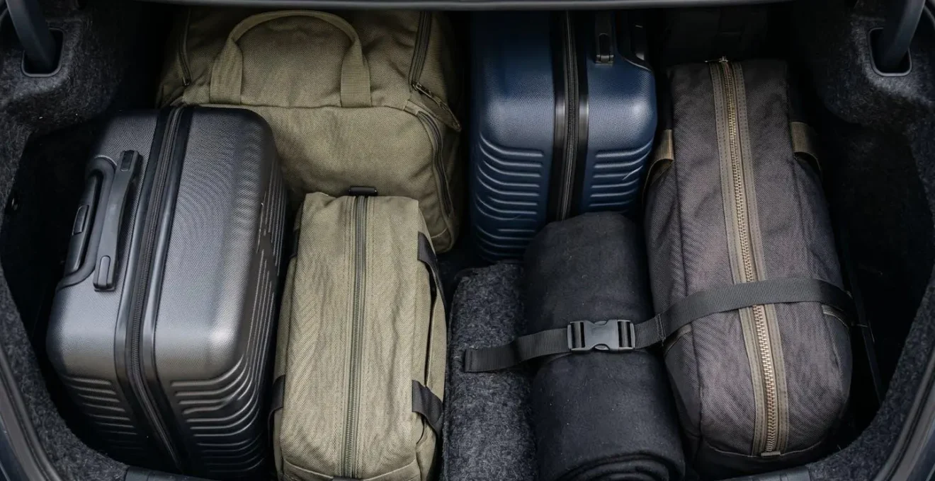 Vue plongeante d'un coffre de voiture compacte avec valises organisées selon la méthode Tetris