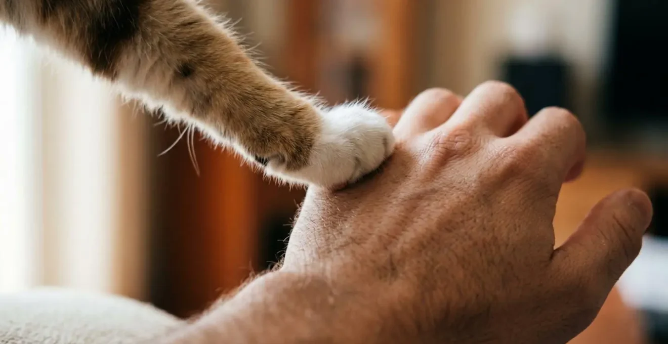 Une pet-sitter jouant avec un chat dans un salon lumineux et chaleureux, symbolisant la confiance établie.