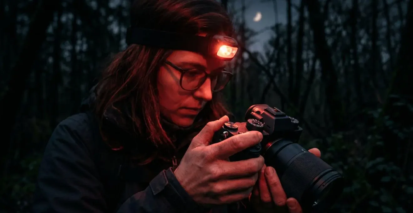 Photographe utilisant une lampe frontale rouge pour régler son appareil photo dans l'obscurité