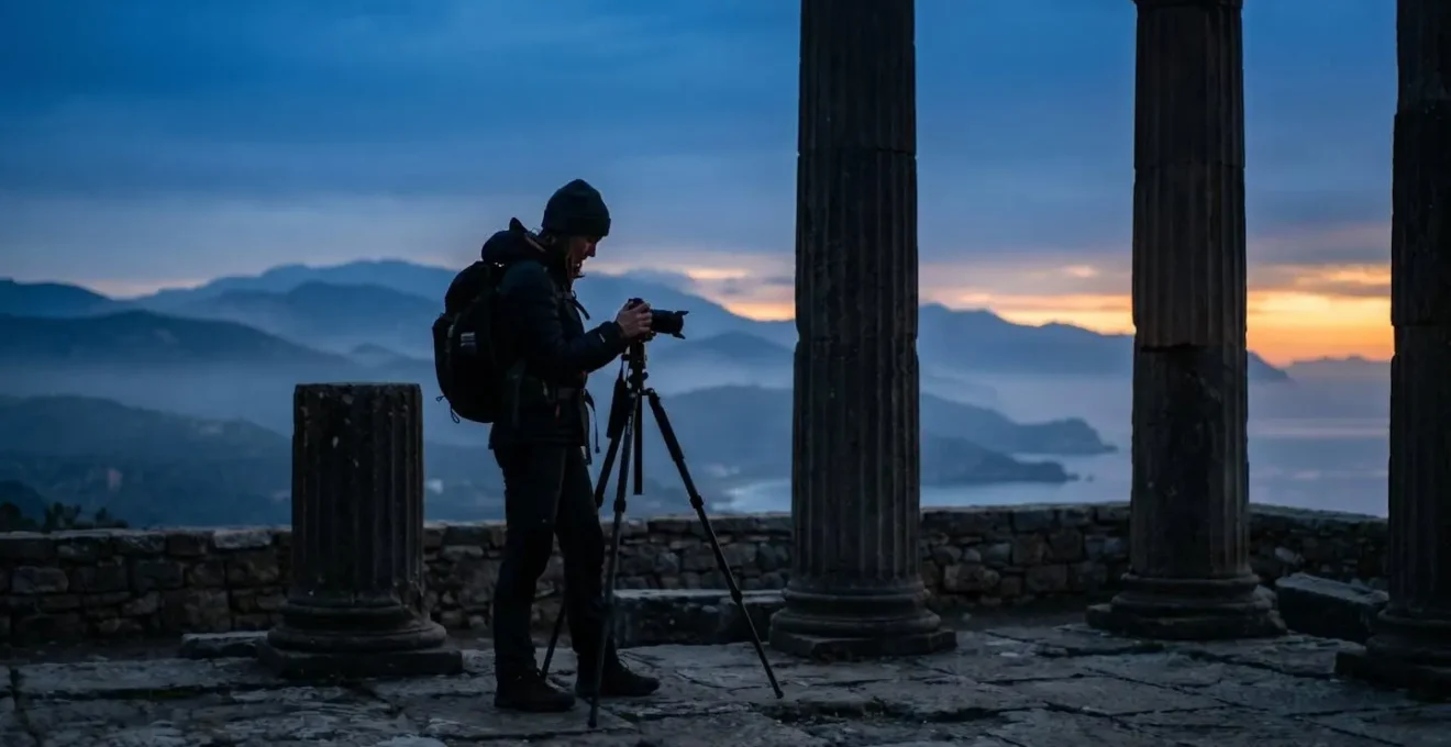 Photographe seul capturant les premières lueurs de l'aube sur des ruines antiques