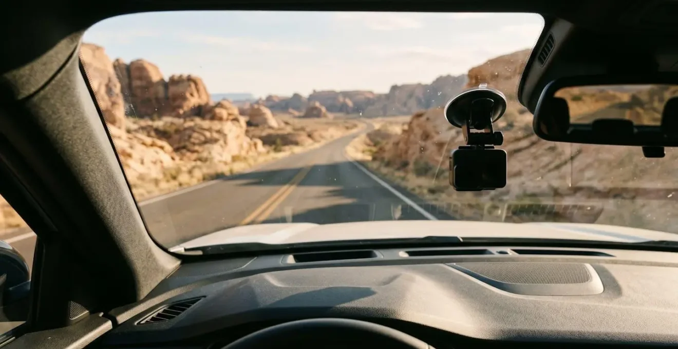 Intérieur de voiture avec caméra montée sur pare-brise capturant la route désertique devant