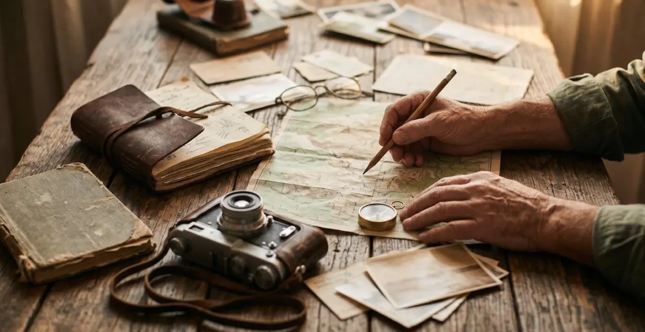 Table avec carte vintage, appareil photo argentique et carnets de voyage éparpillés