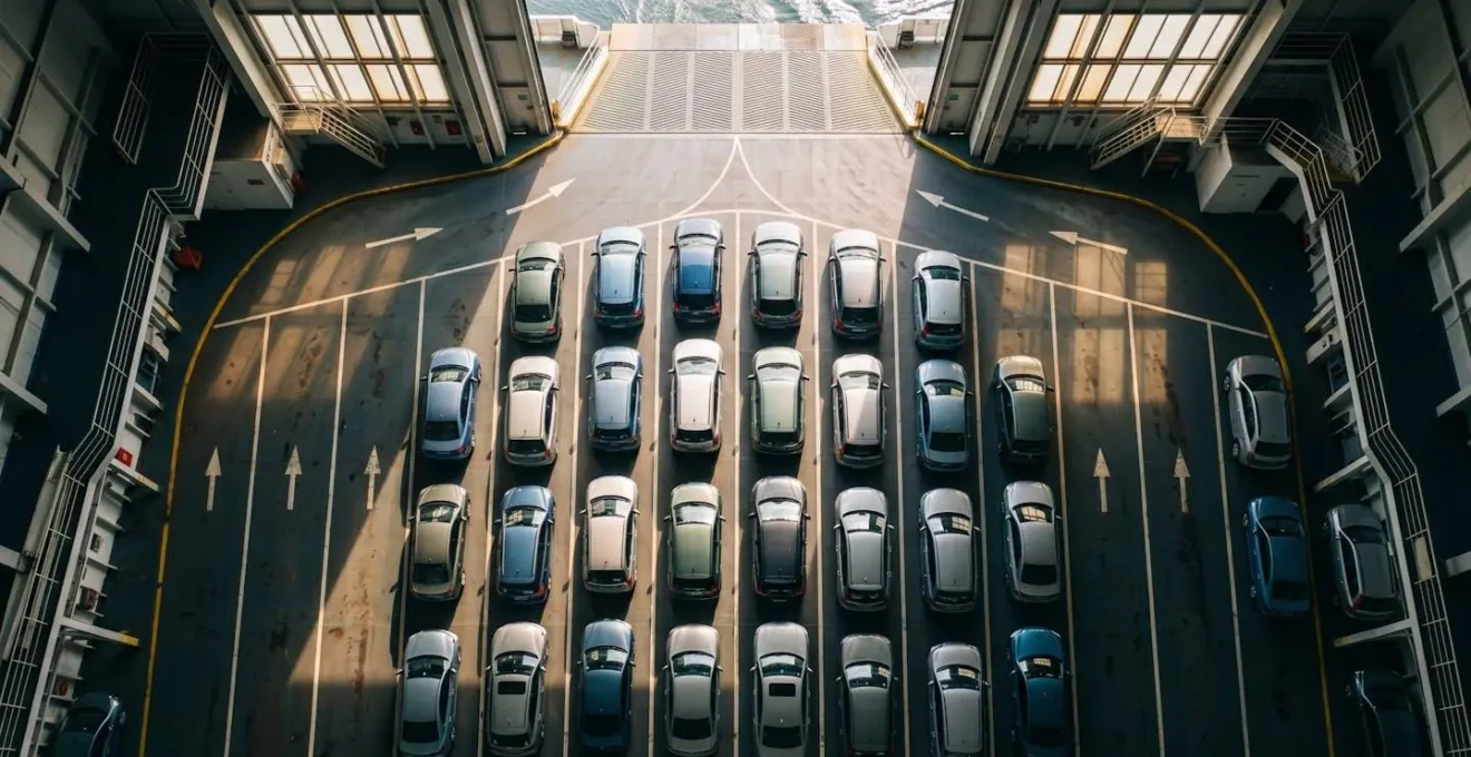 Vue aérienne du pont garage d'un ferry montrant l'organisation des files de véhicules