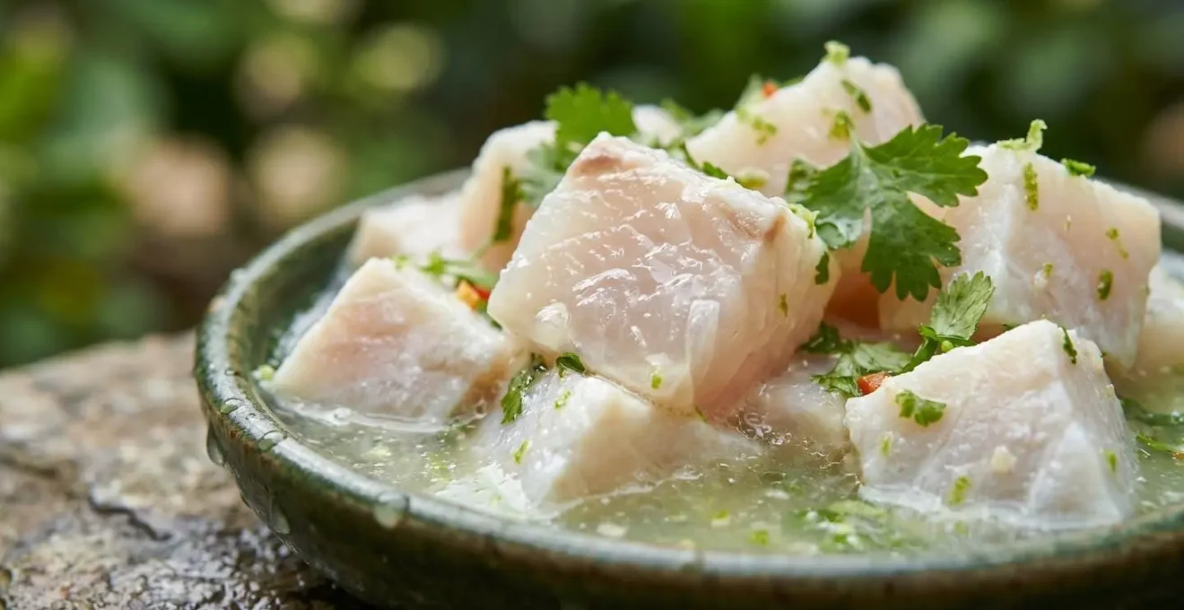 Gros plan macro sur des dés de poisson blanc baignant dans du jus de citron vert avec des herbes fraîches