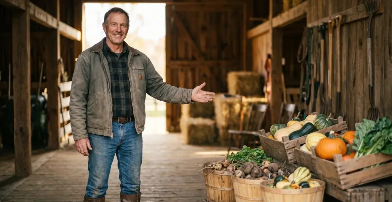 Agriculteur souriant montrant ses produits dans une grange avec paniers de légumes au premier plan