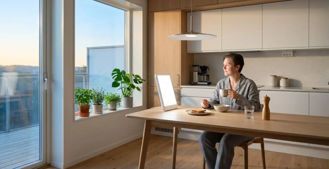 Une personne utilisant une lampe de luminothérapie au petit-déjeuner dans une cuisine lumineuse
