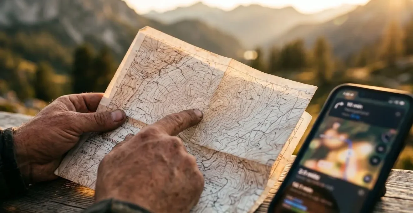 Randonneur consultant une carte IGN et un smartphone avec GPS pour se repérer en montagne