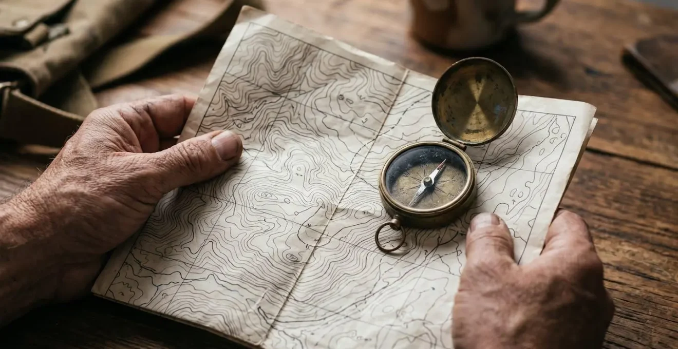 Mains tenant une carte topographique ancienne avec boussole vintage sur table en bois