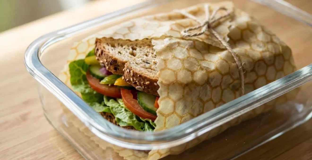 Sandwich emballé dans un bee wrap placé dans une boîte transparente