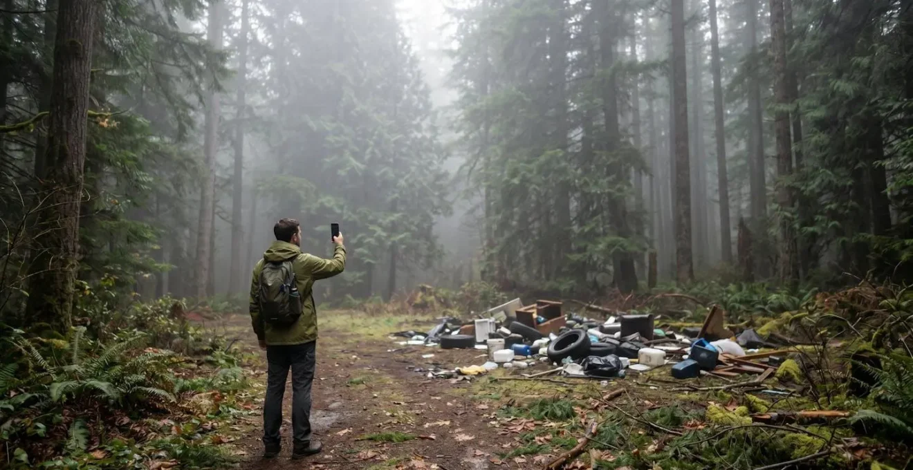 Personne utilisant un smartphone pour documenter une pollution en pleine nature