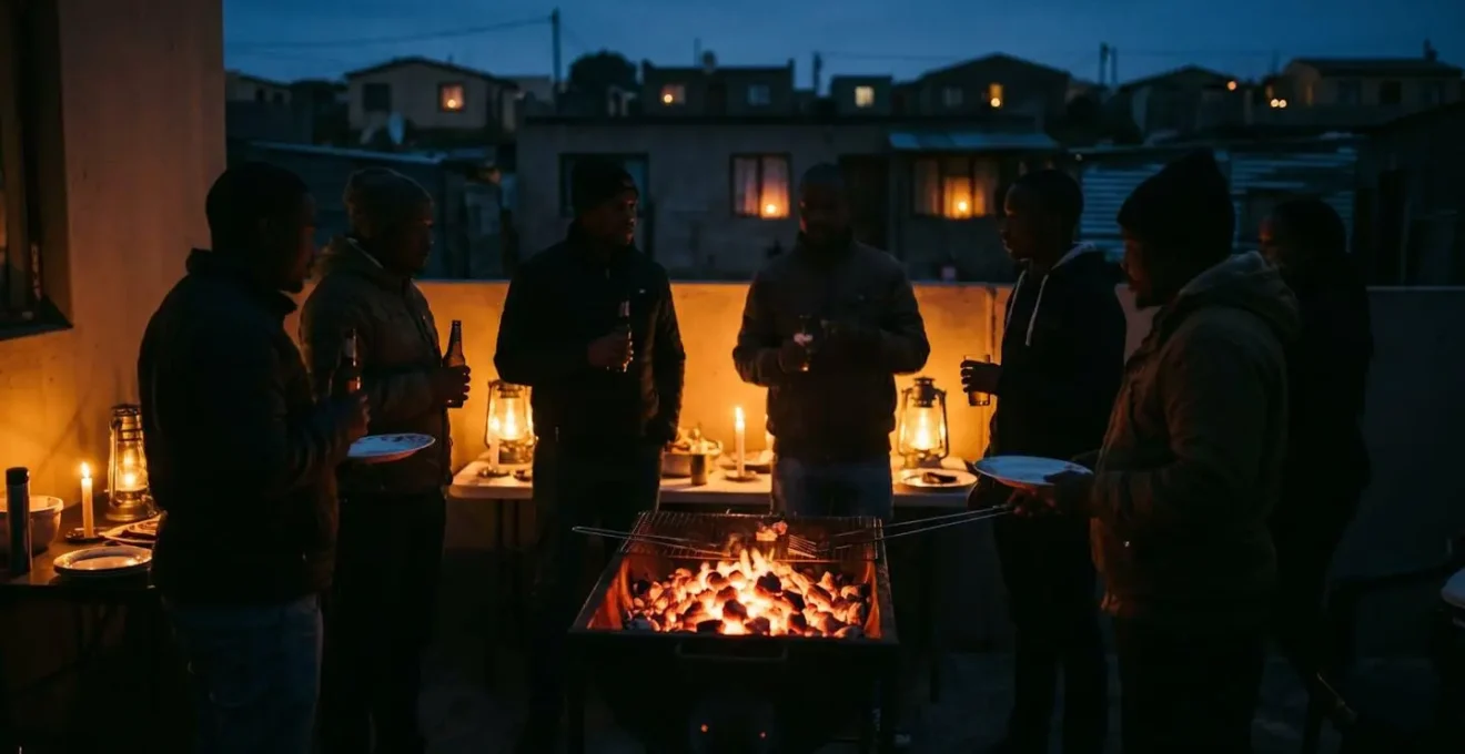 Soirée braai traditionnel sud-africain éclairée aux bougies pendant le load shedding