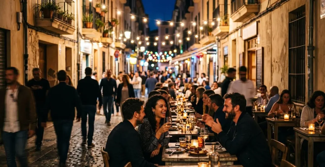 Ambiance nocturne du quartier Santa Catalina avec ses terrasses illuminées et ses ruelles pavées