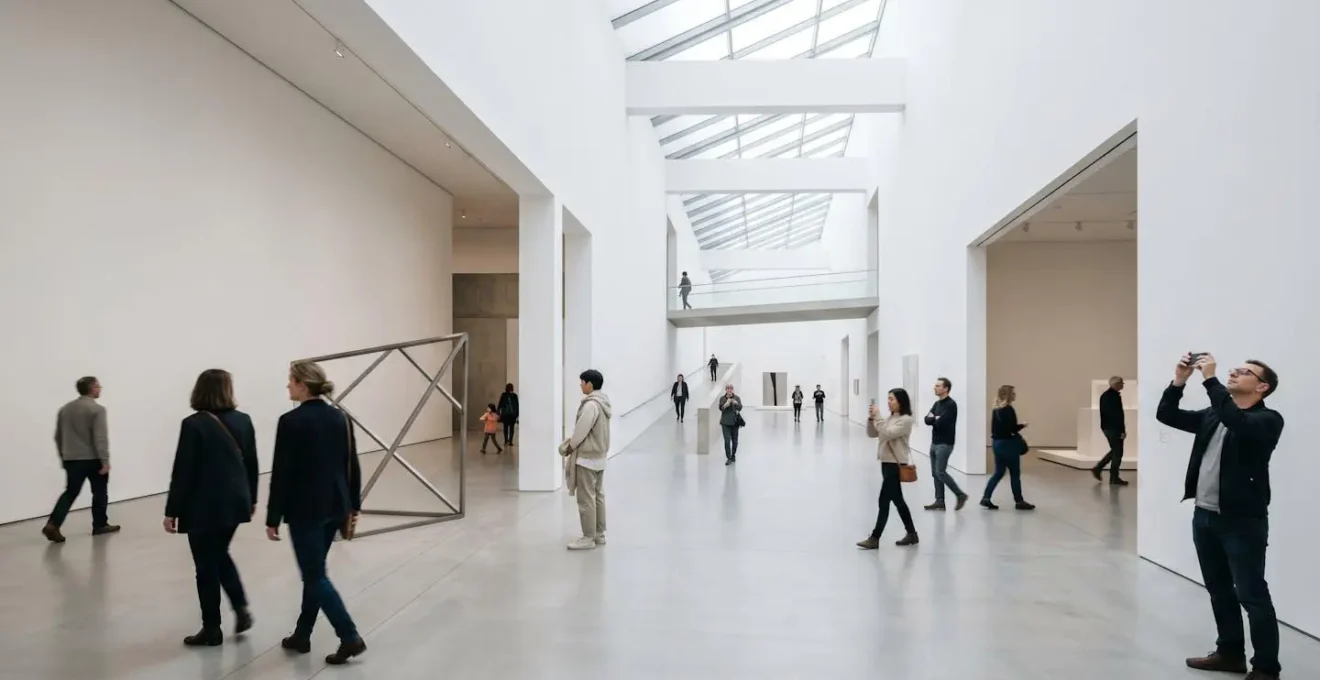 Groupe de touristes profitant d'une visite gratuite dans un musée d'architecture contemporaine