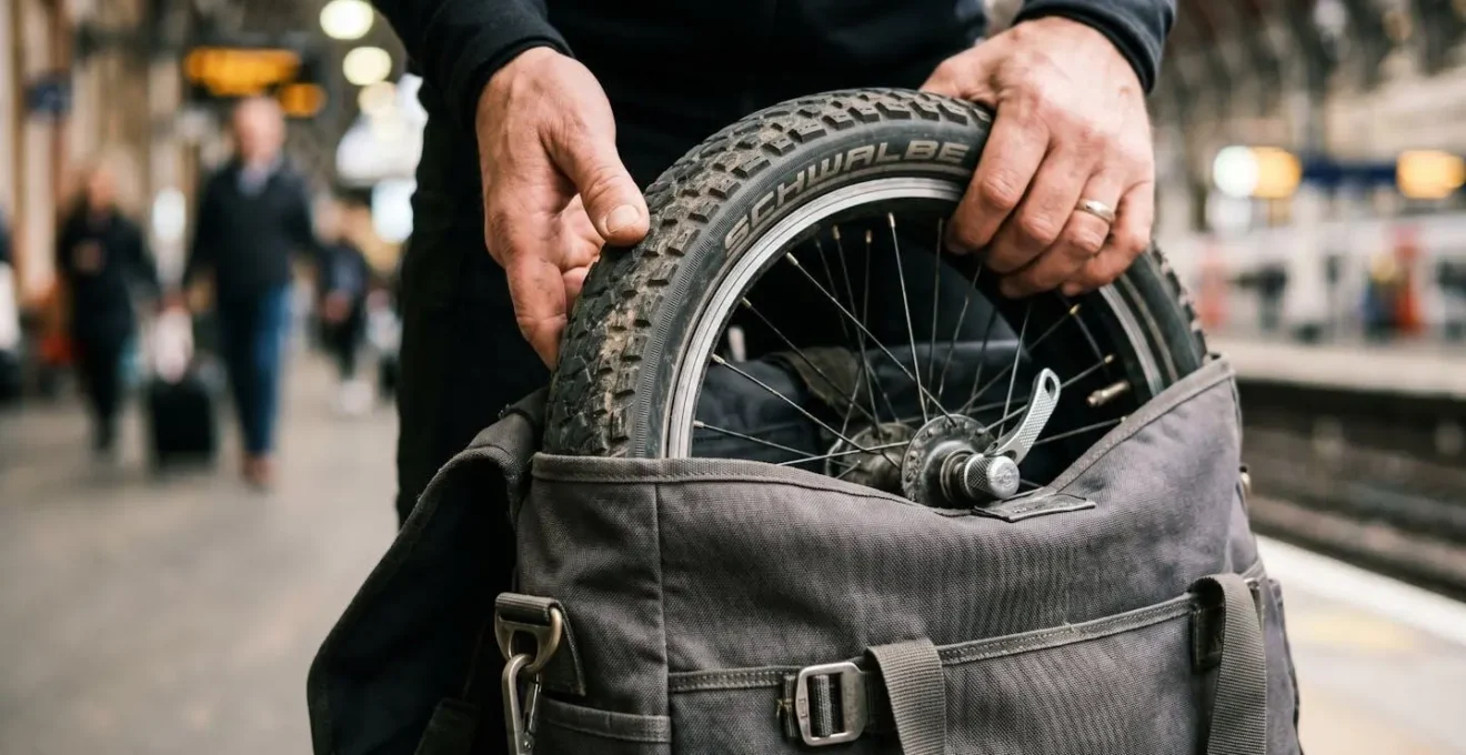 Cycliste préparant son vélo dans une housse de transport sur un quai de gare européenne