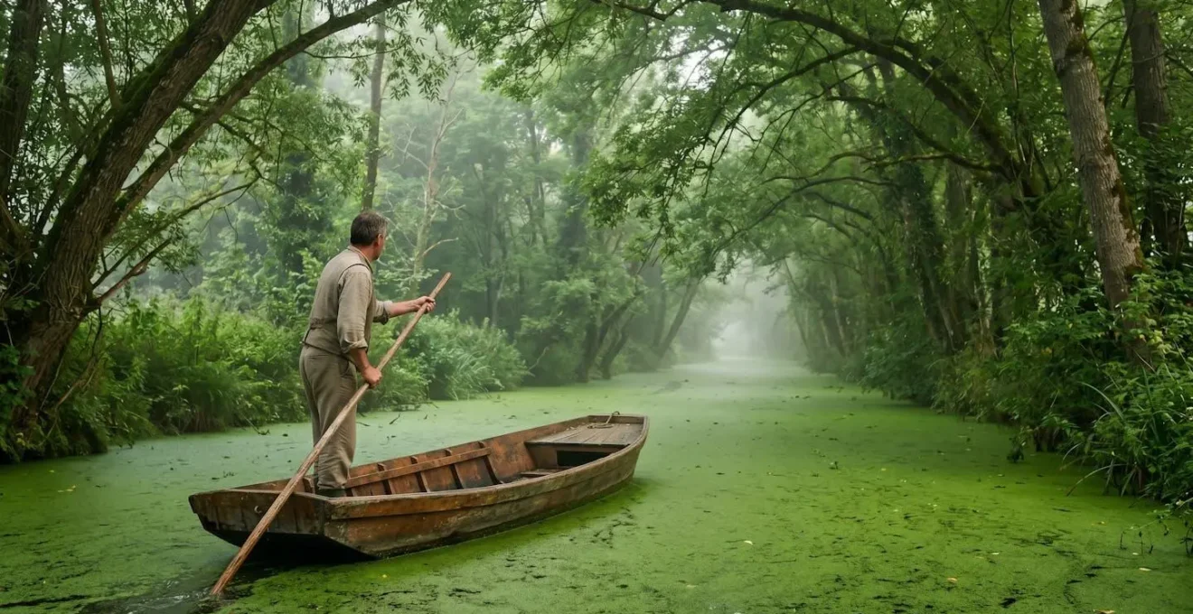 Barque traditionnelle glissant paisiblement sur les canaux ombragés du Marais Poitevin