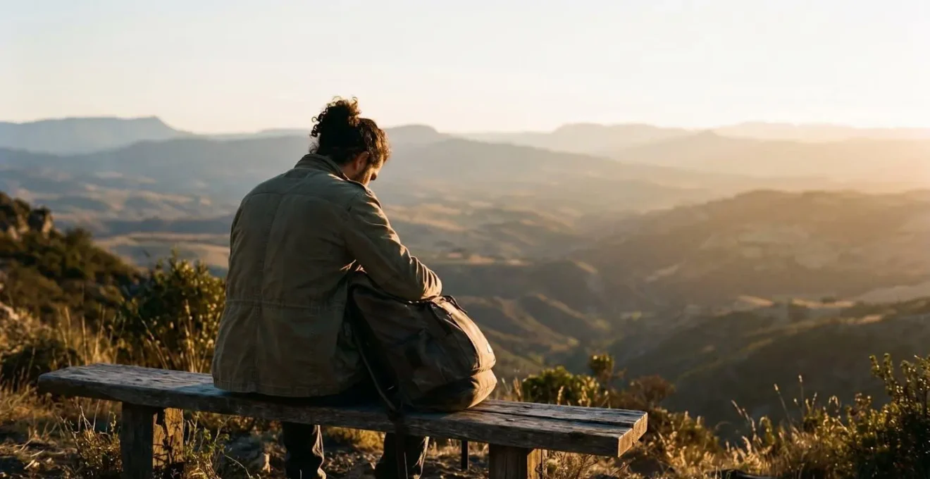 Silhouette de voyageur assis seul sur un banc face à un vaste paysage