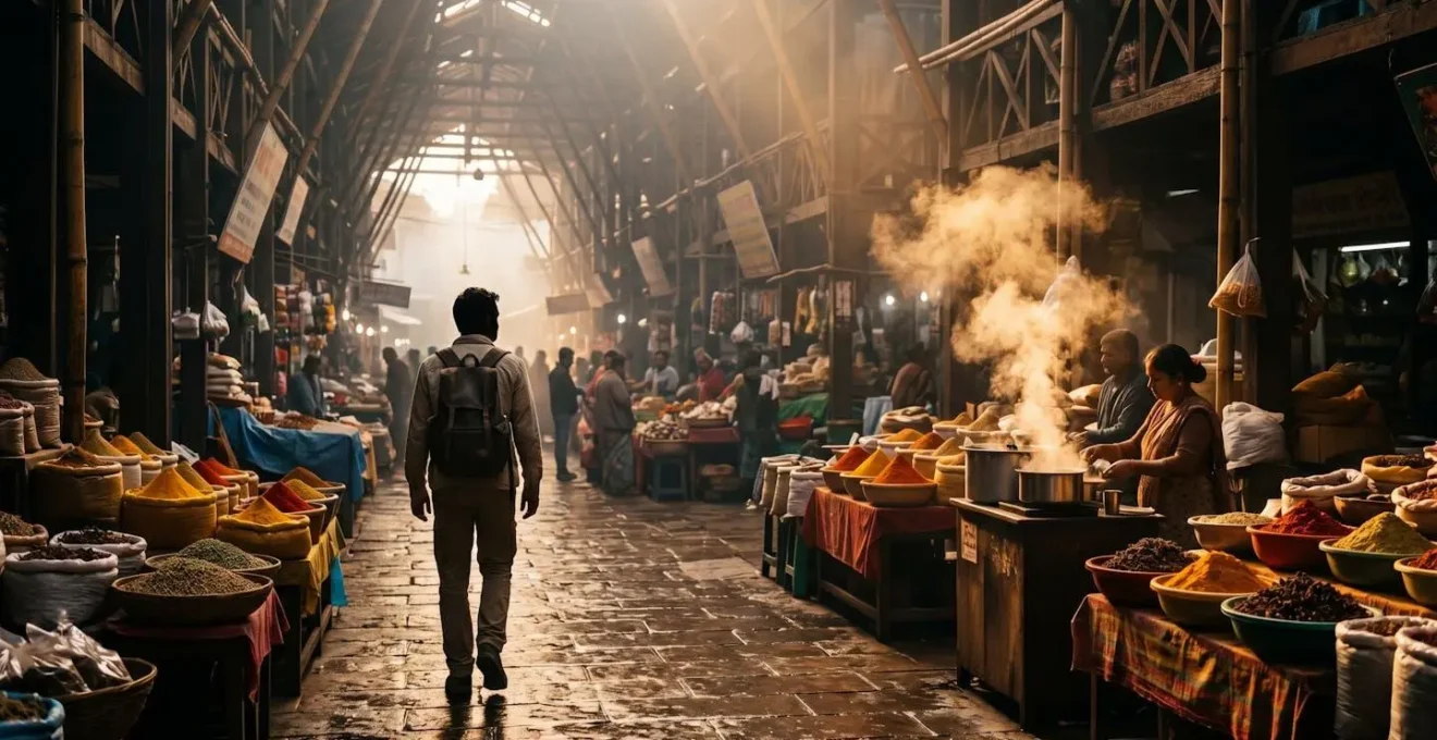 Voyageur occidental explorant seul un marché aux épices indien au lever du soleil