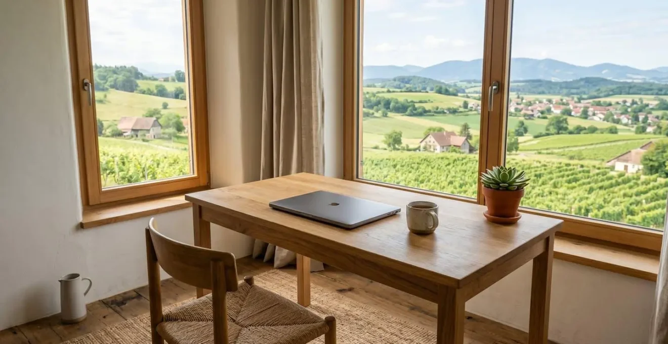 Espace de travail nomade installé dans un cadre naturel européen avec vue sur la campagne